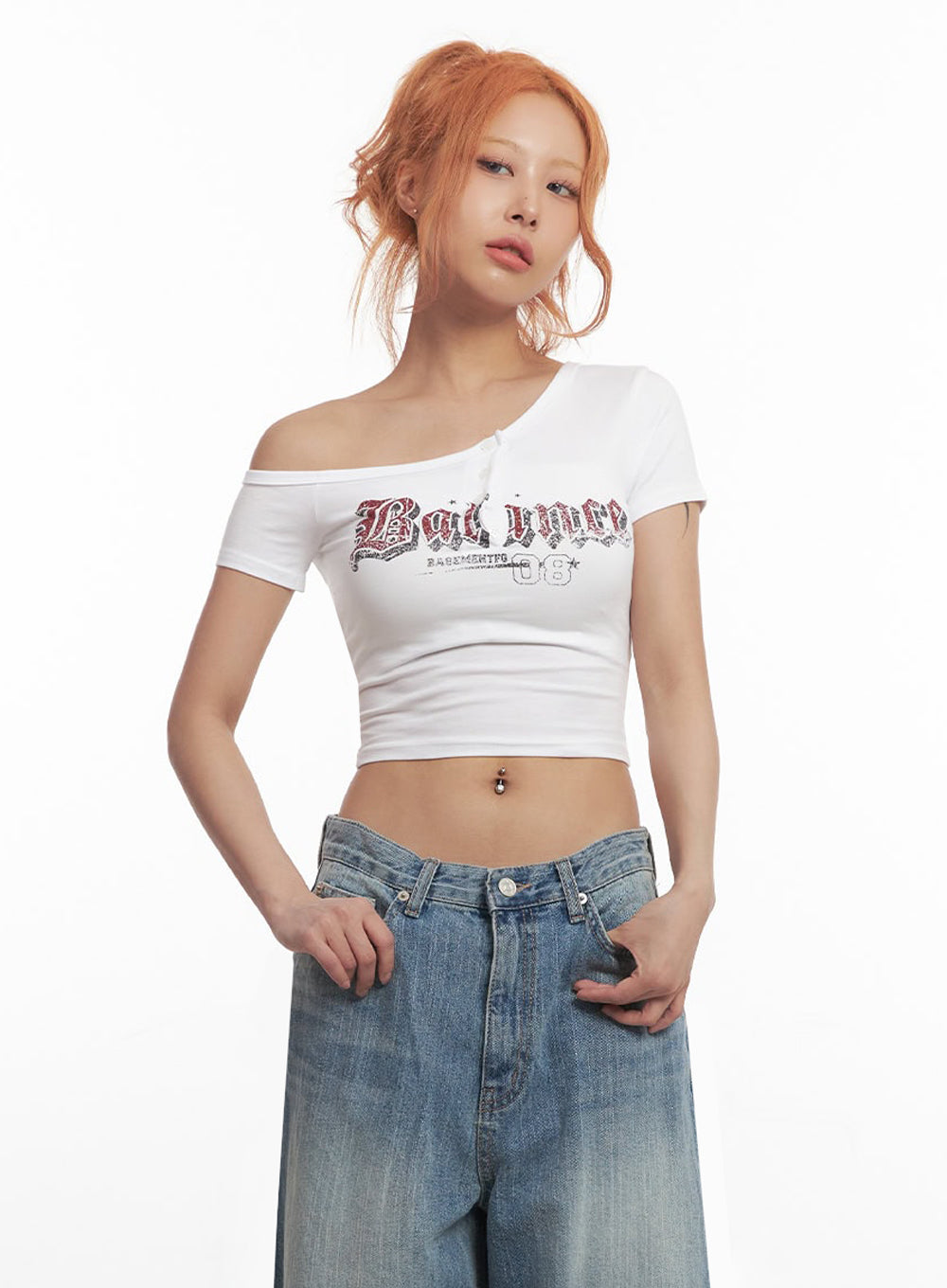 Graphic One-Shoulder Crop Top IA517