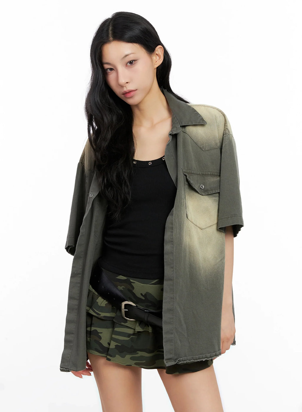 Washed Short-Sleeve Button-Up Shirt IG508