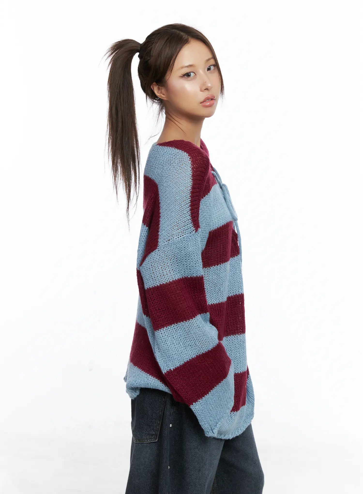 Striped Lace-Up Long-Sleeve Knit Top CS505