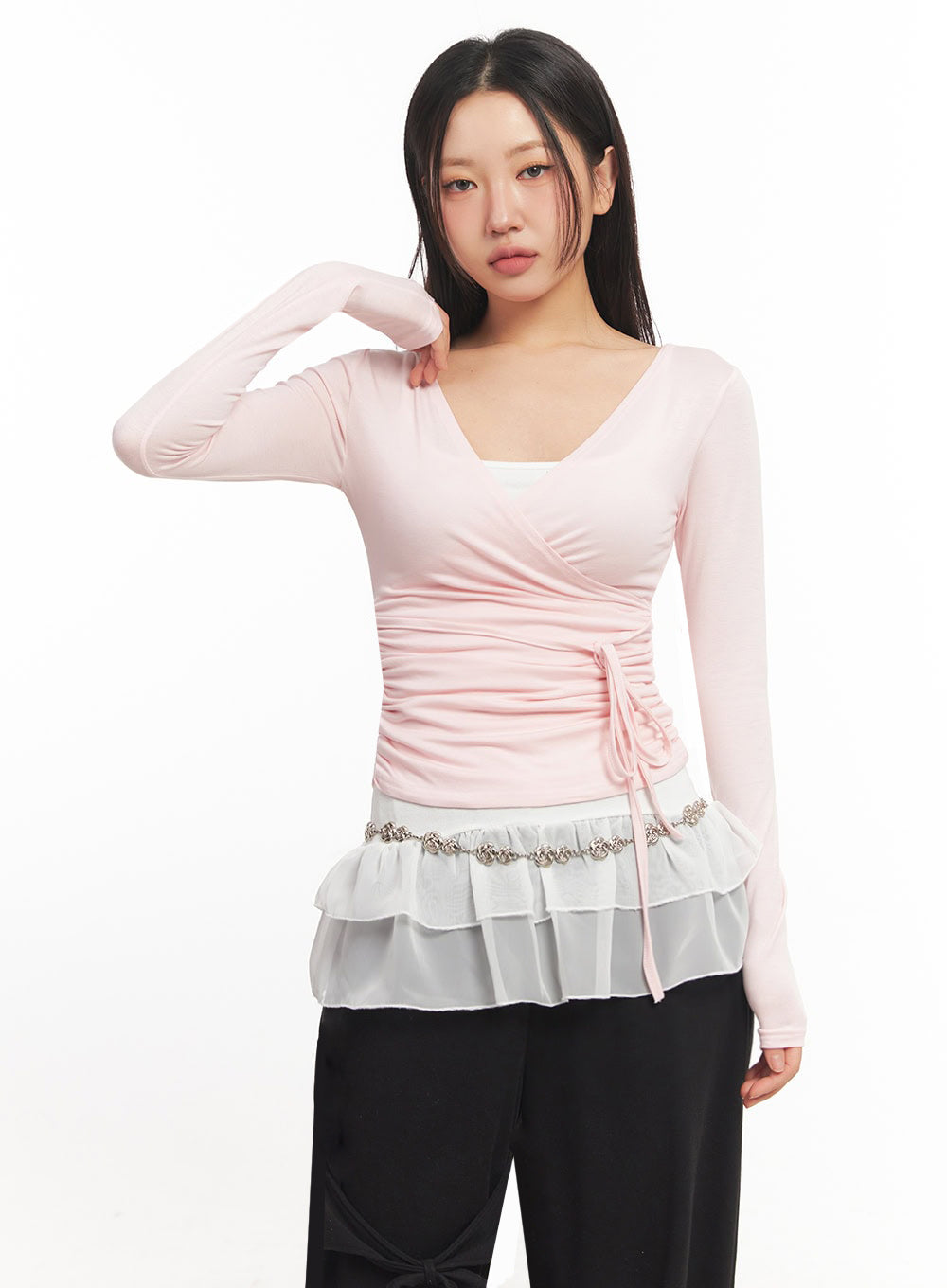 Wrap Shirred Long-Sleeve Crop Top IA524