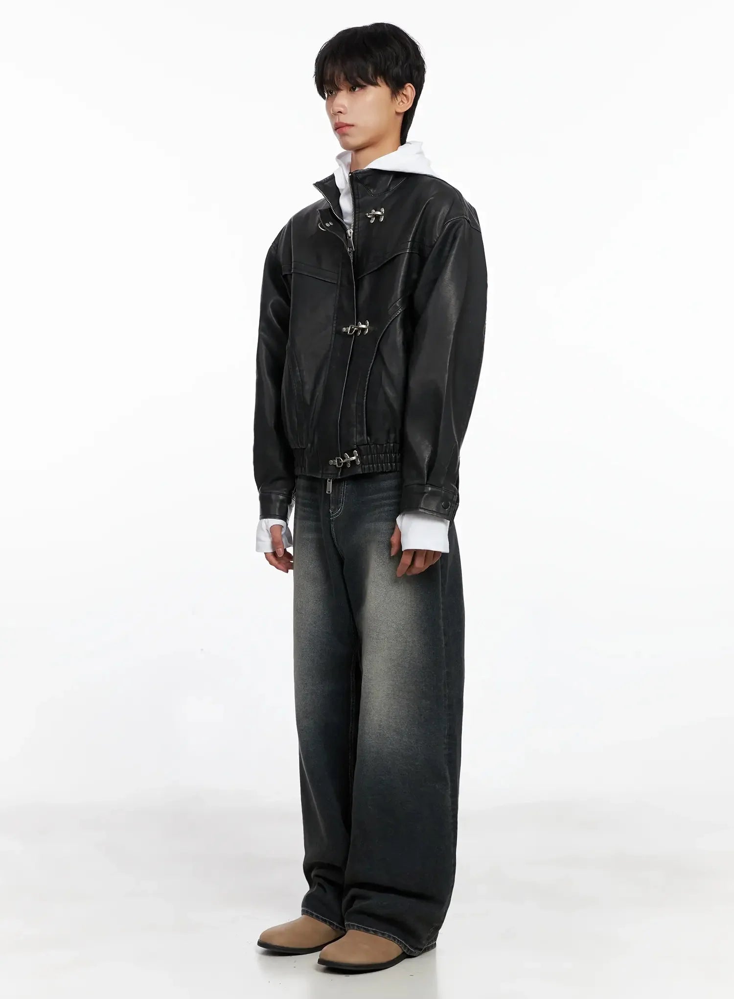 Men's Faux Leather Toggle Buckle Jacket IO517