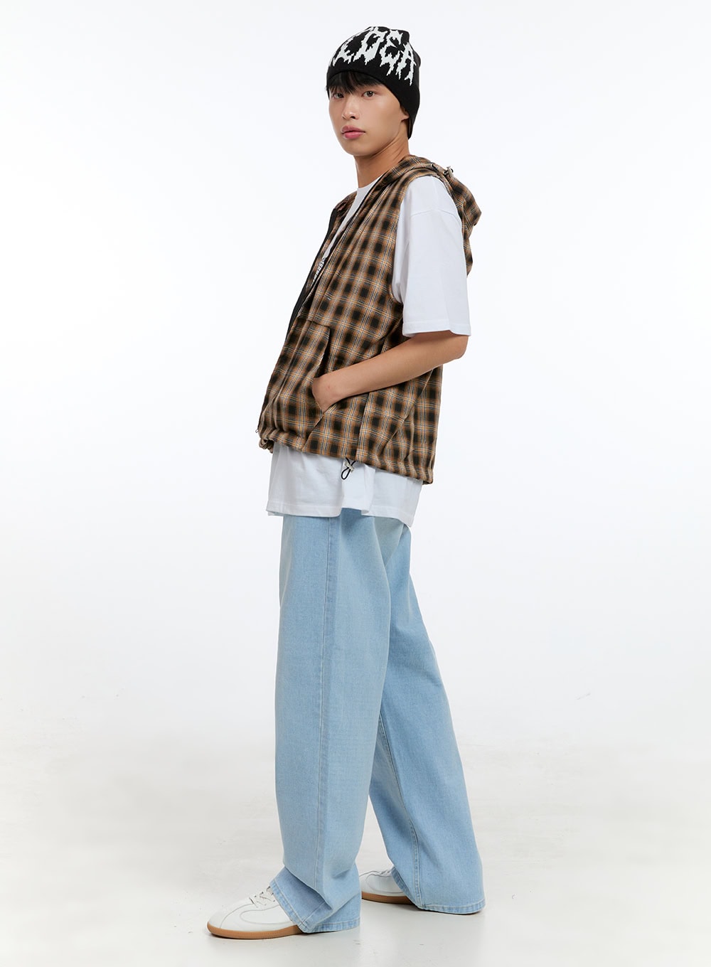 Men's Checkered Zip-Up Hooded Vest IG416