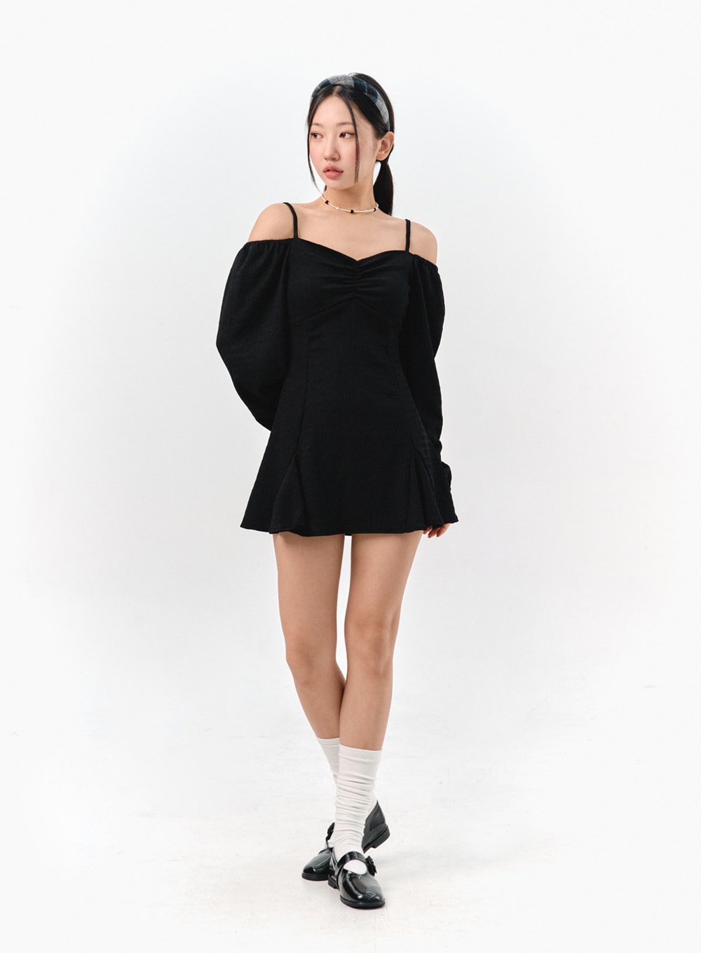 Off-Shoulder Shirred Mini Dress IS301