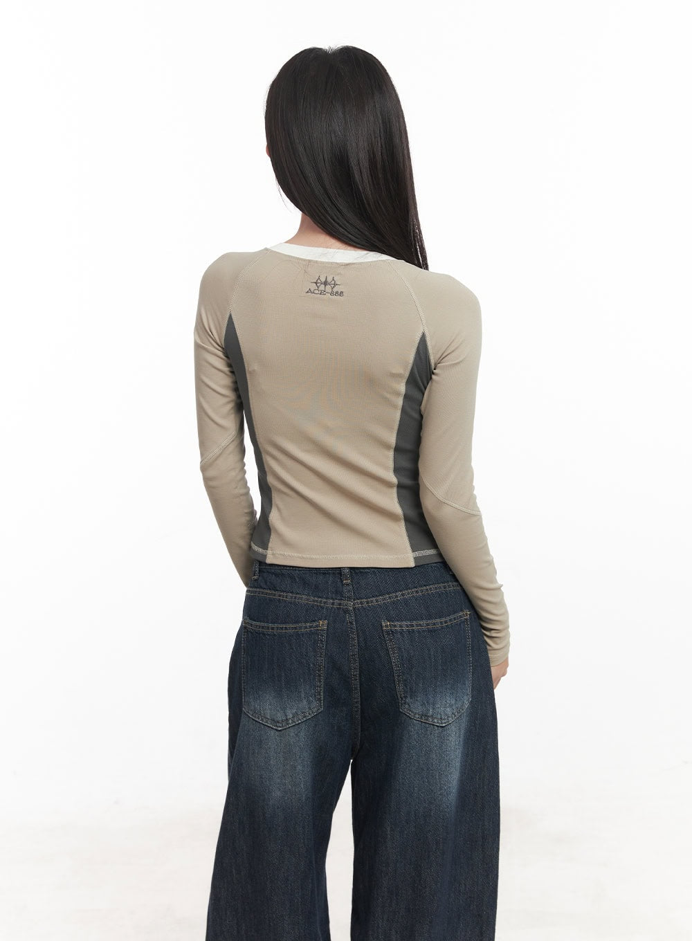 Stitched Half-Zip Long-Sleeve Crop Top CA521