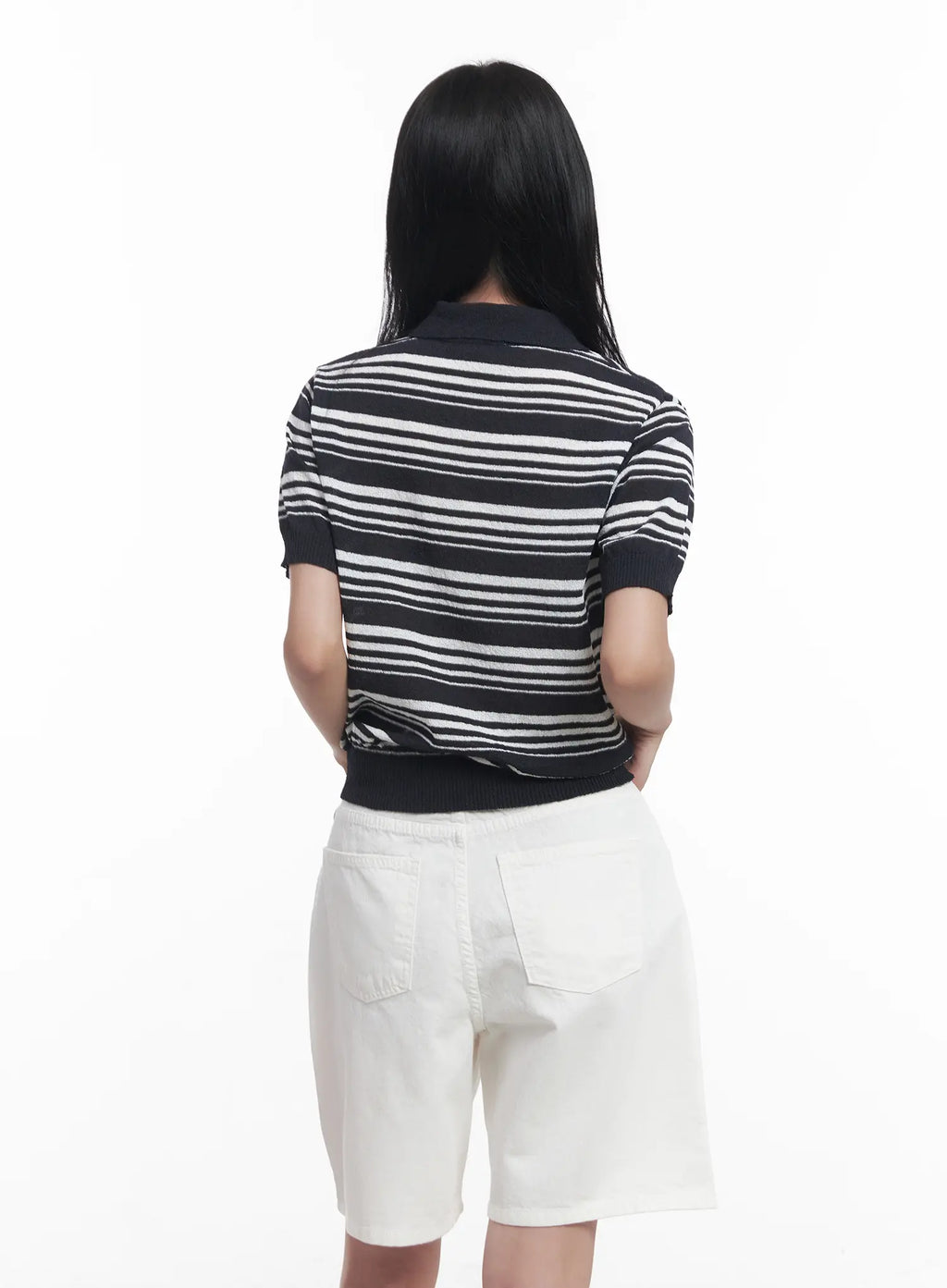 Striped Collared Short-Sleeve Sweater CU525