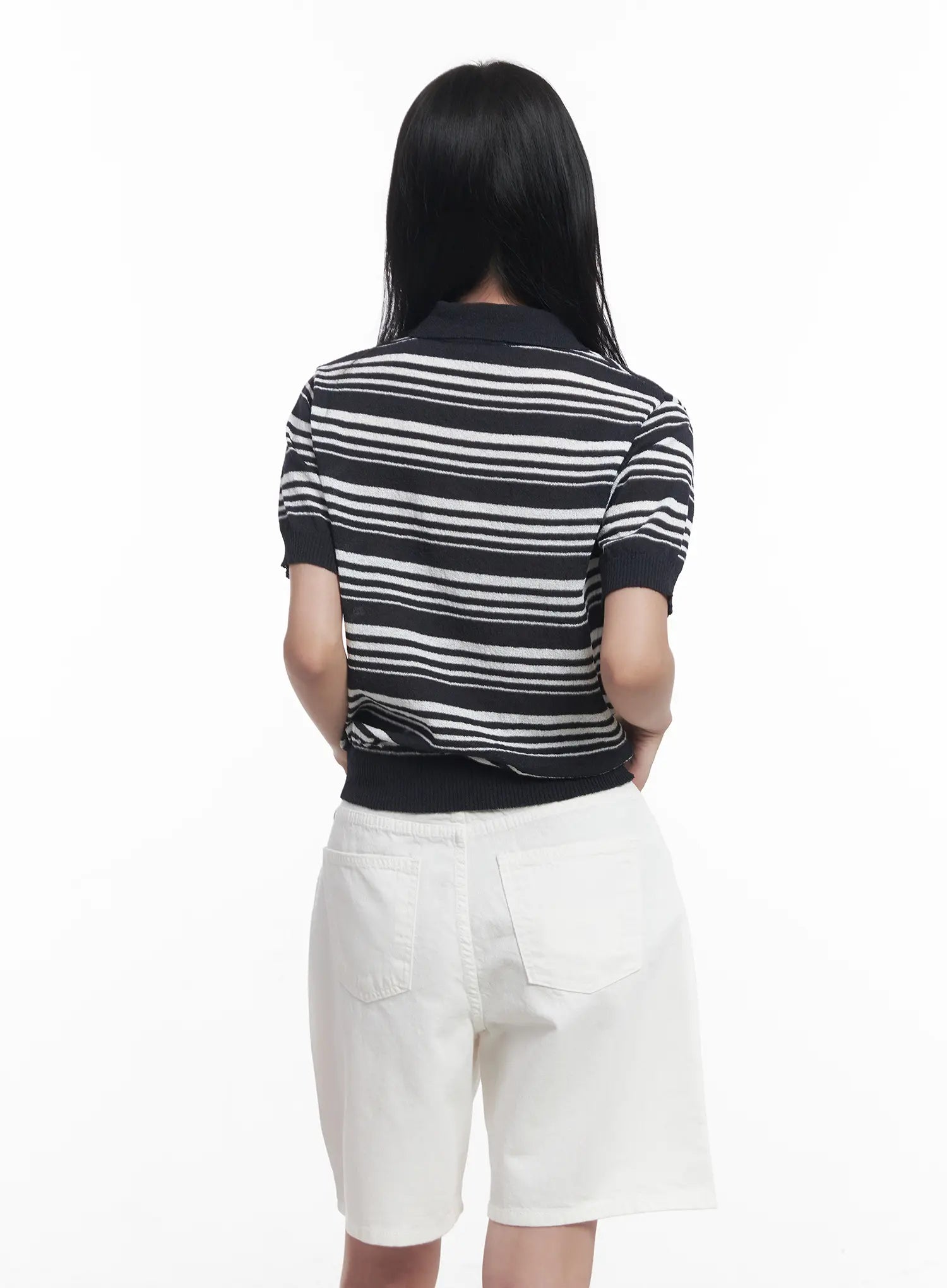 Striped Collared Short-Sleeve Sweater CU525