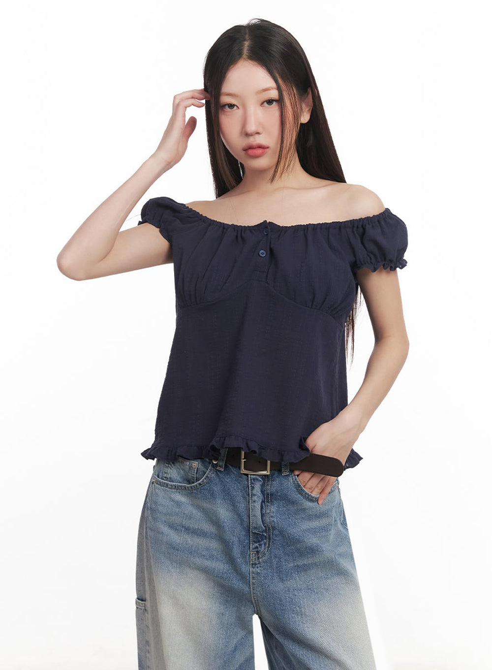 Frill Buttoned Off-Shoulder Blouse Top IM528