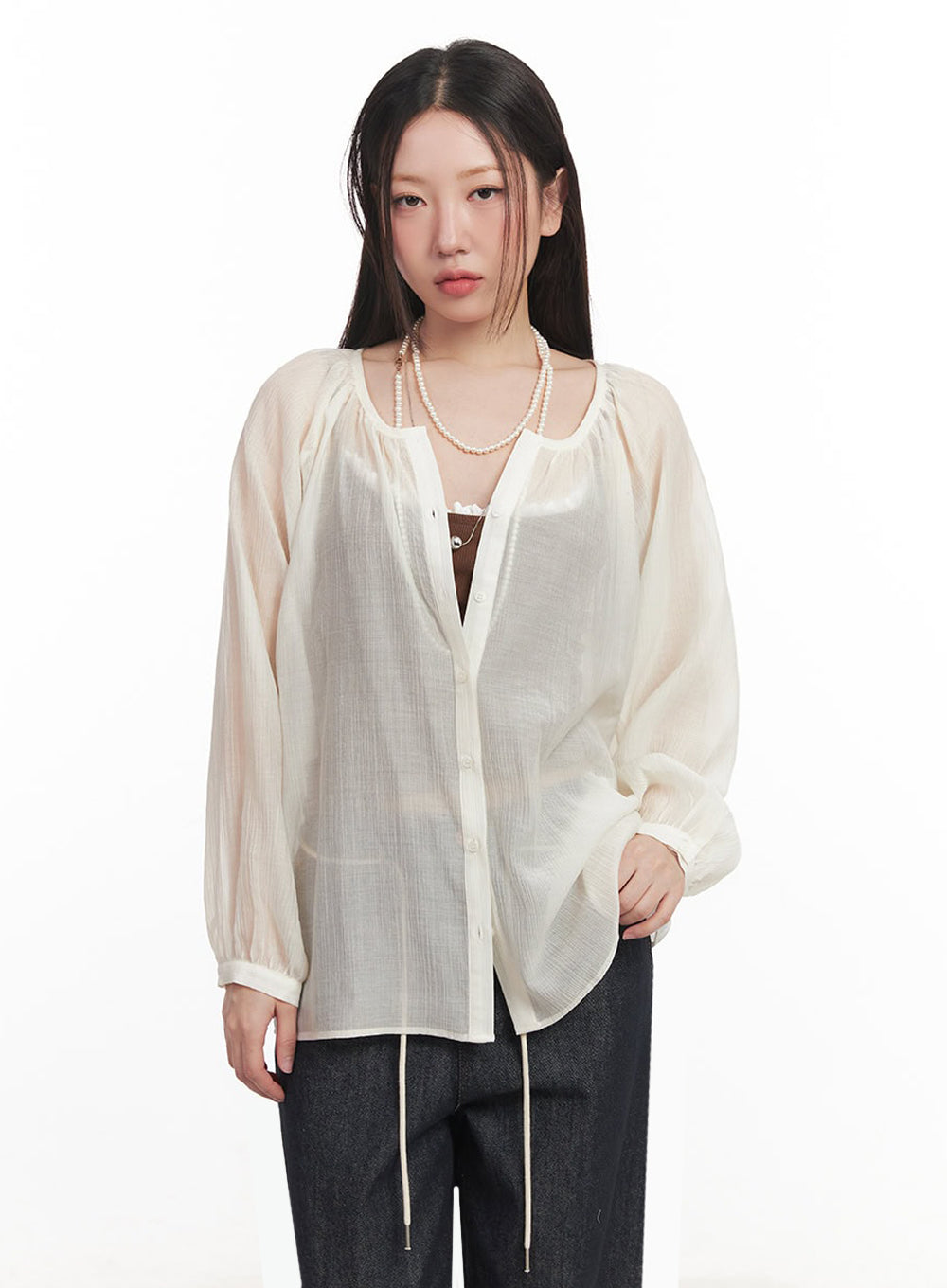 Shirred Sheer Buttoned Blouse IM528