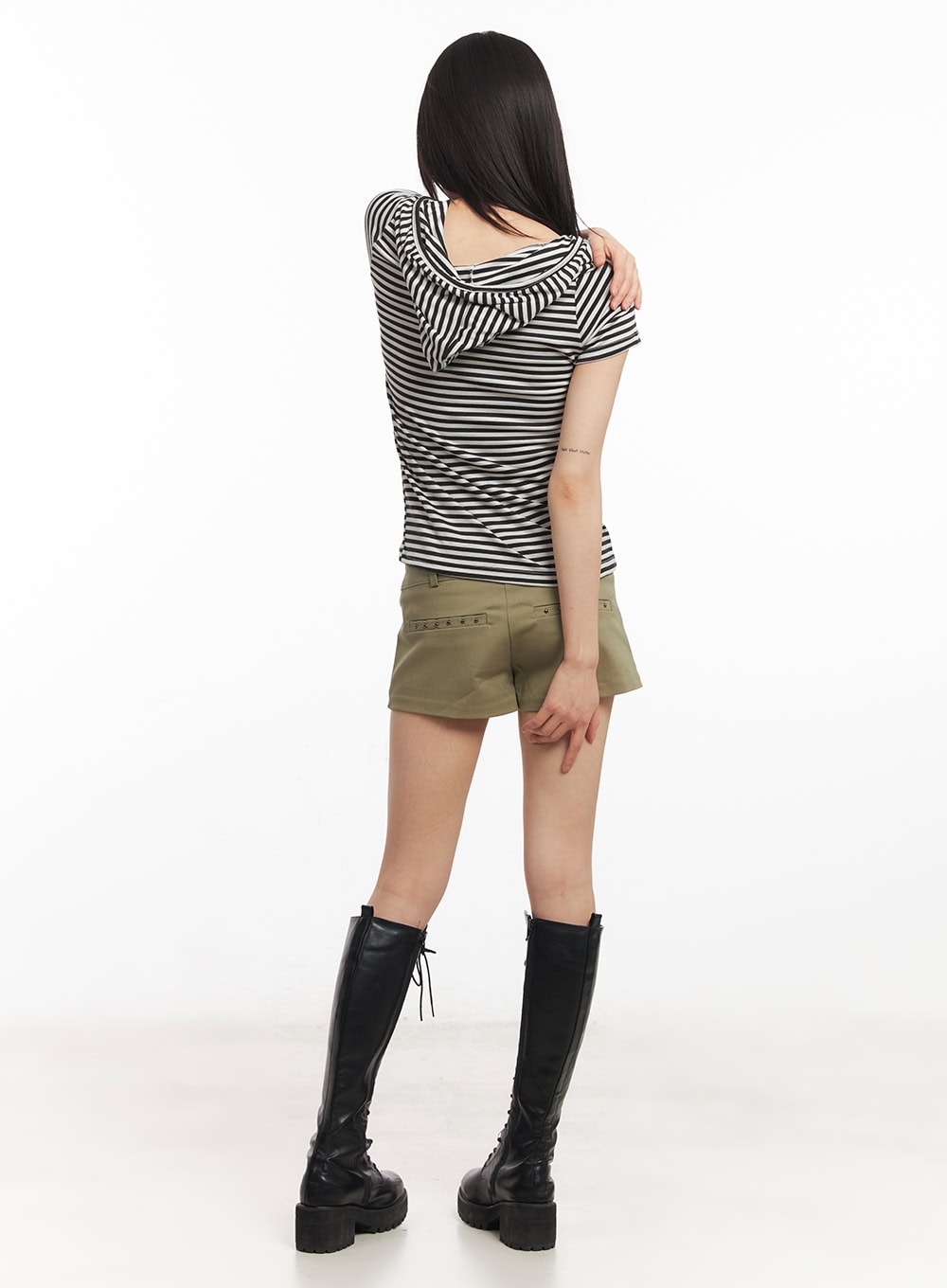 Buttoned Striped Hooded T-Shirt CA523