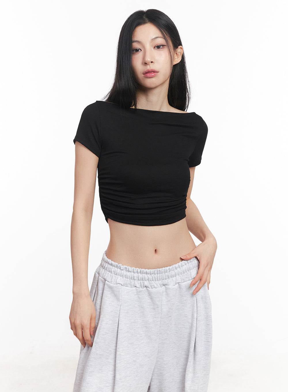 Off-Shoulder Shirred Crop Tee IY516
