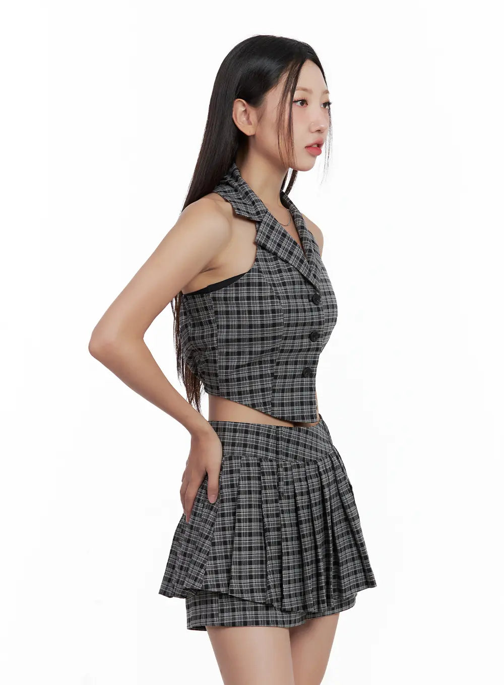 Plaid Button Halter Tank CL508