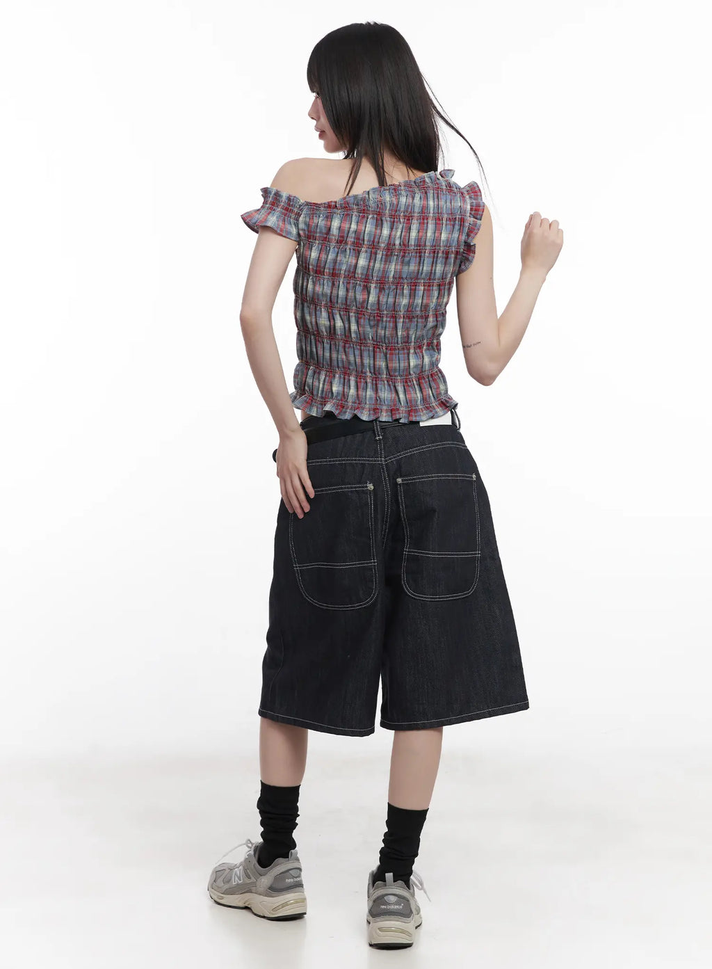 Plaid Frill One-Shoulder Crop Top CU519