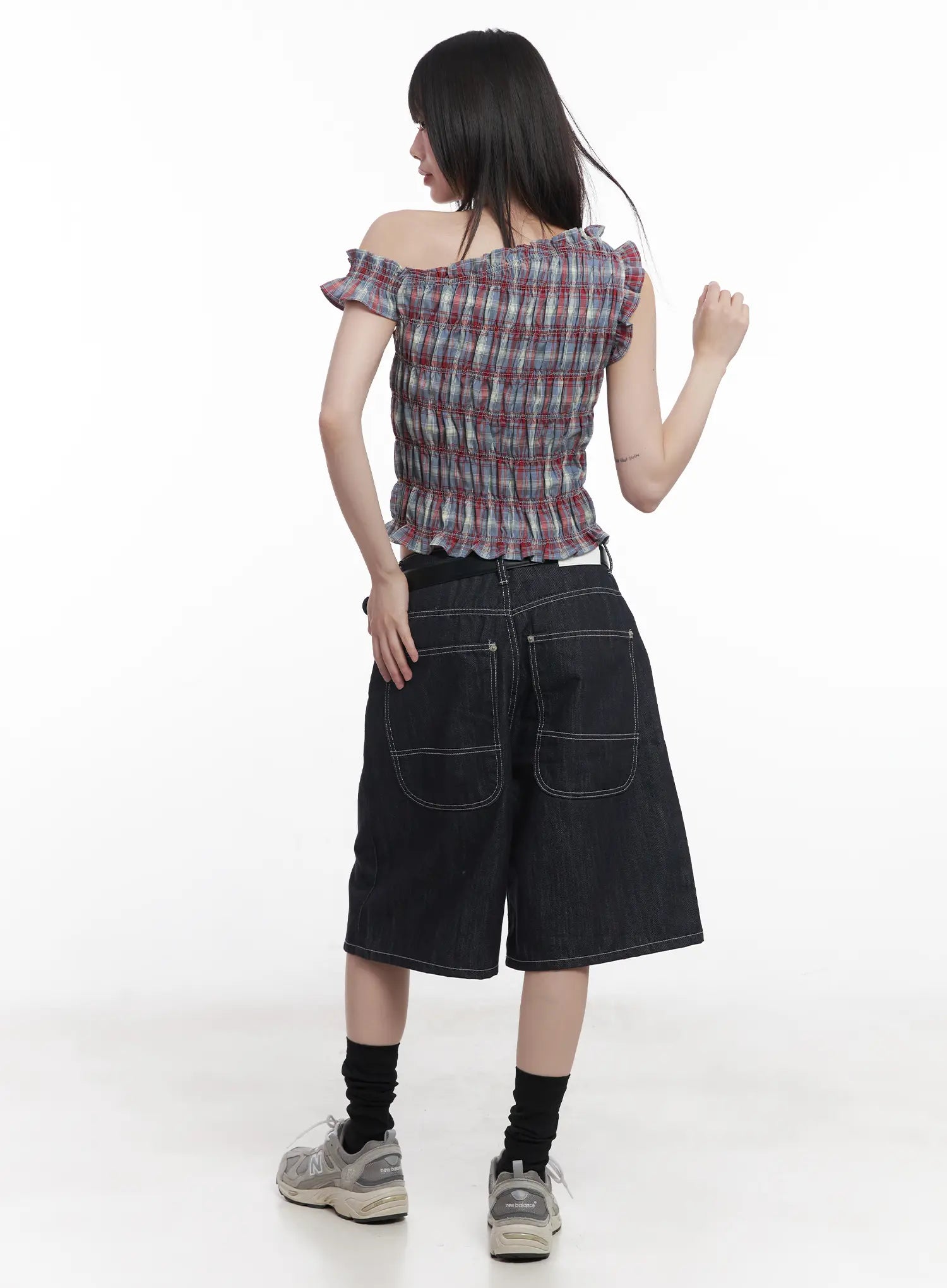 Plaid Frill One-Shoulder Crop Top CU519