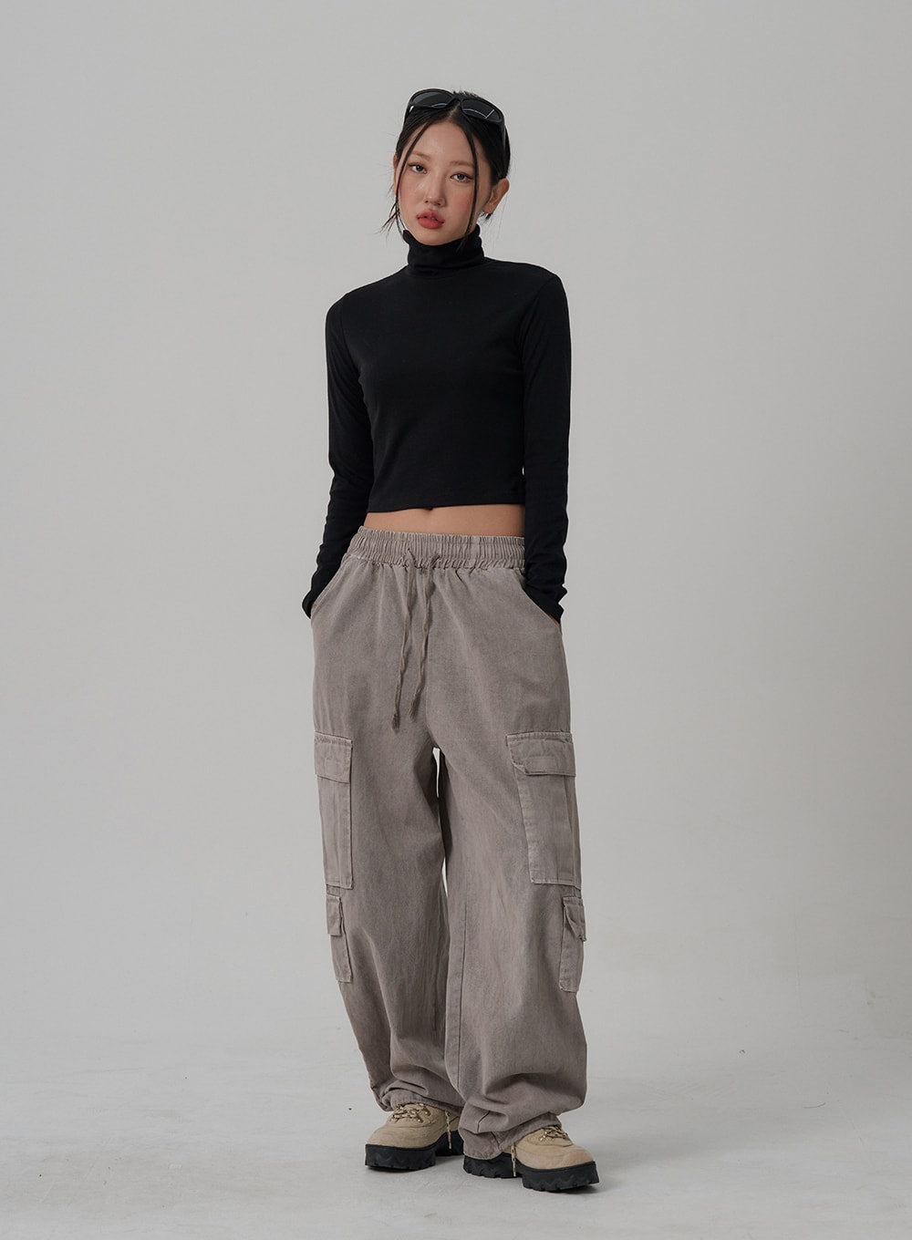 Elastic Waist Vintage Cargo Wide Pants CN03