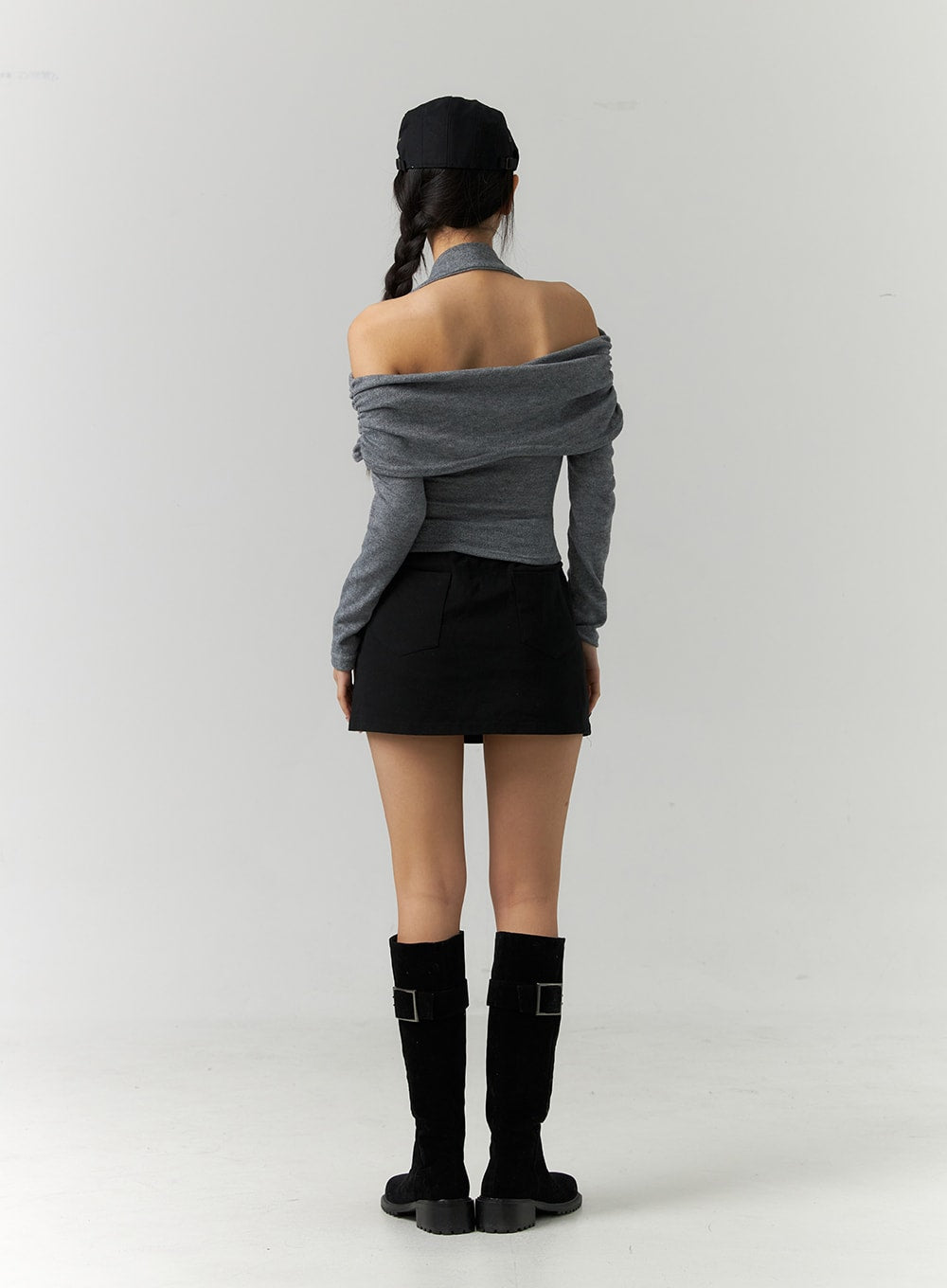 Shirred Off-Shoulder Zip-Up Crop Top CD307