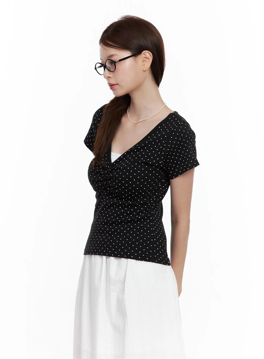 Polka Dot Shirred V-Neck Top CL502