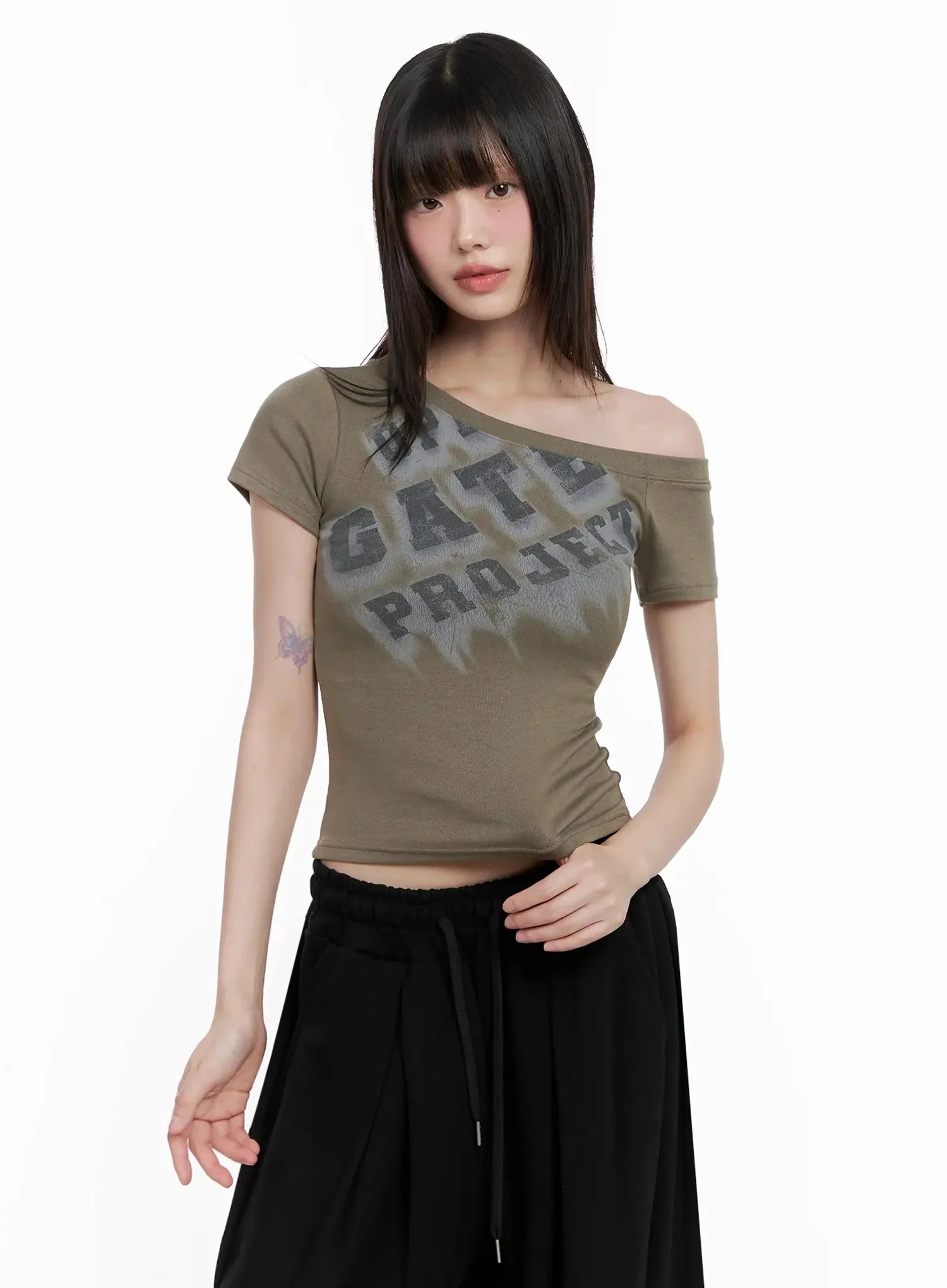 Asymmetric Off-Shoulder Graphic Top IL528