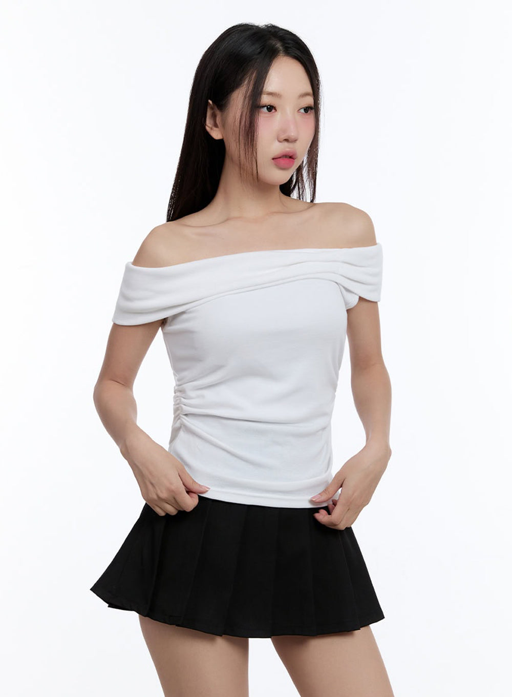 Ribbon Shirred Off-Shoulder Top IU503