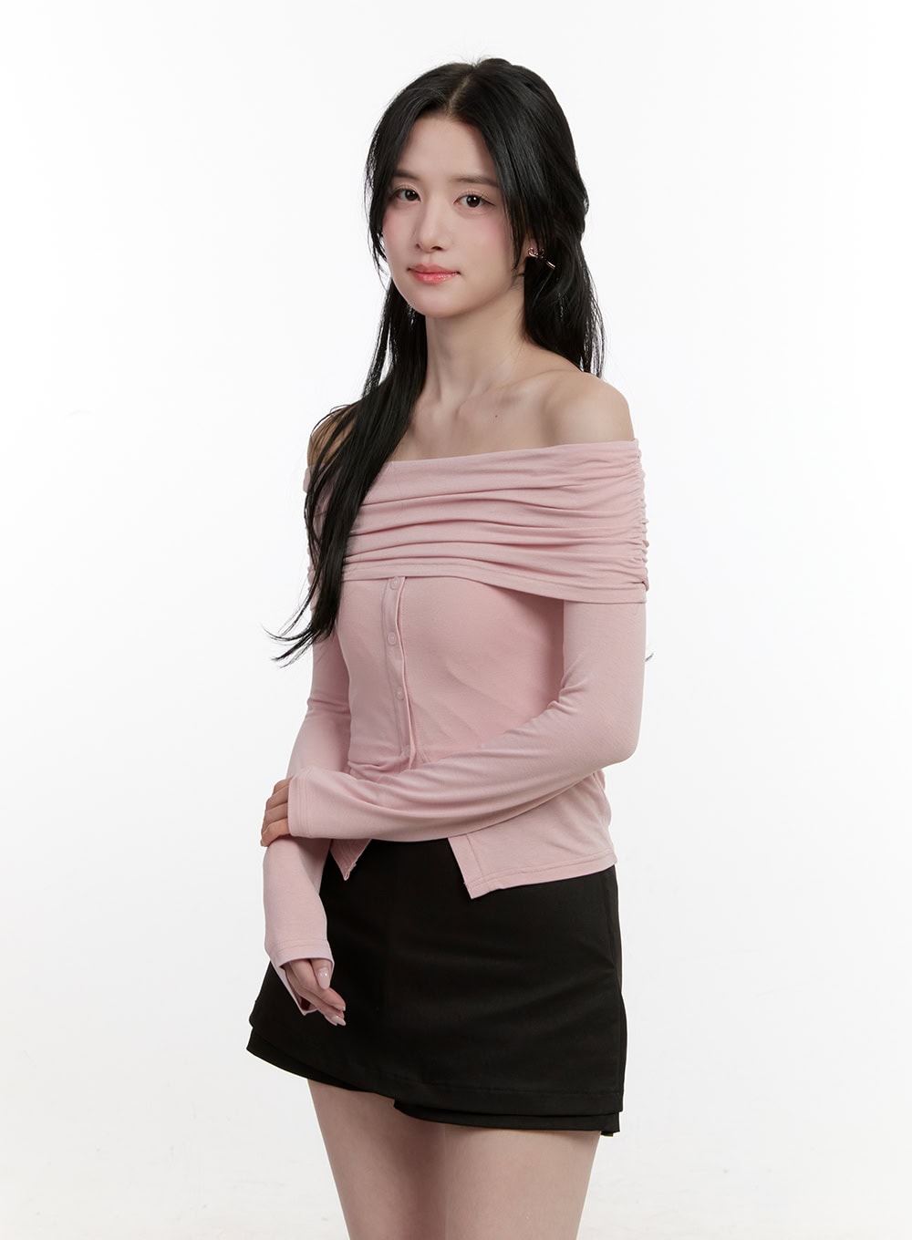 Shirred Off-Shoulder Buttoned Top CF528