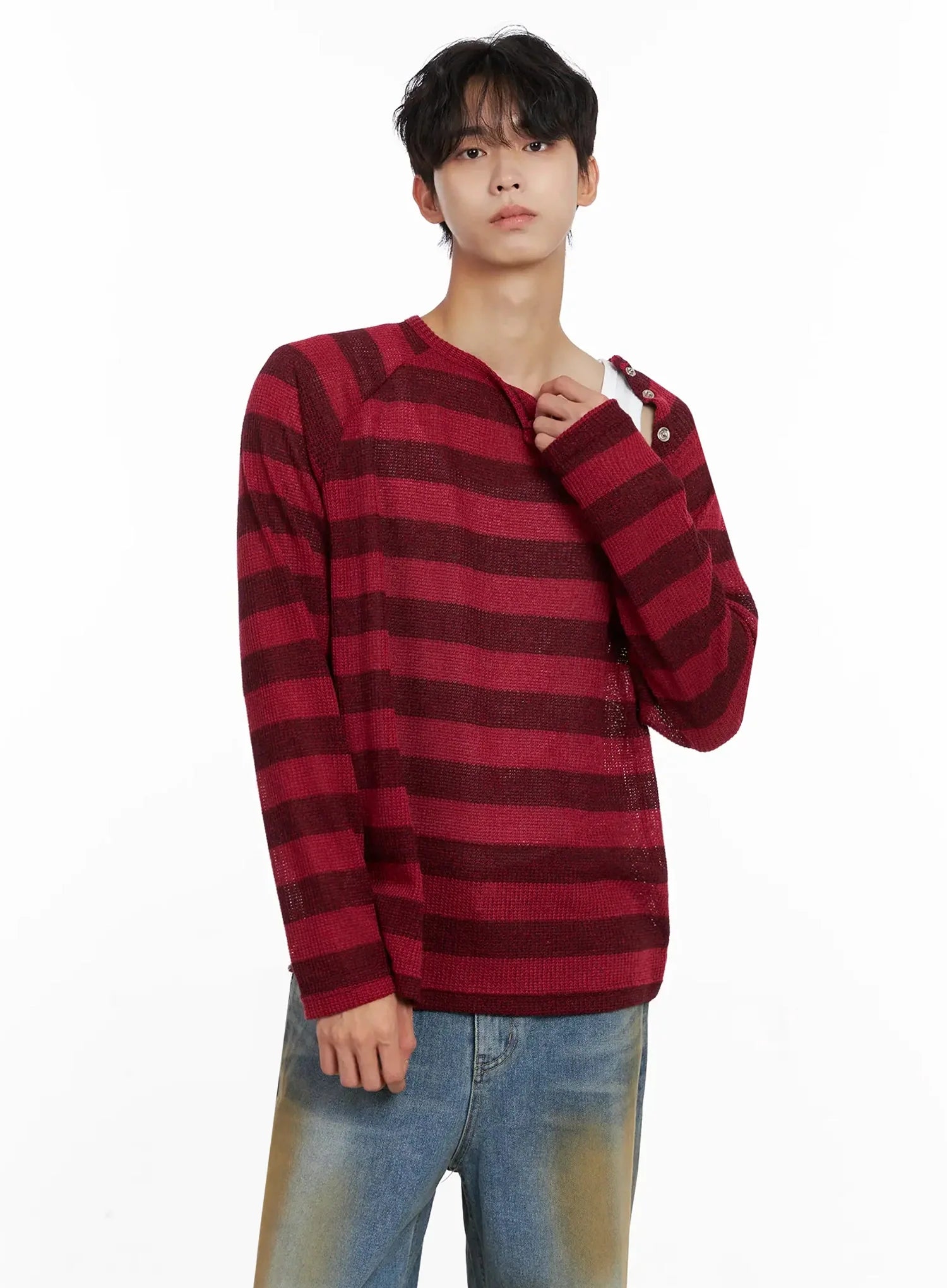 Men's Striped Snap Button Long Sleeve Shirt IO516