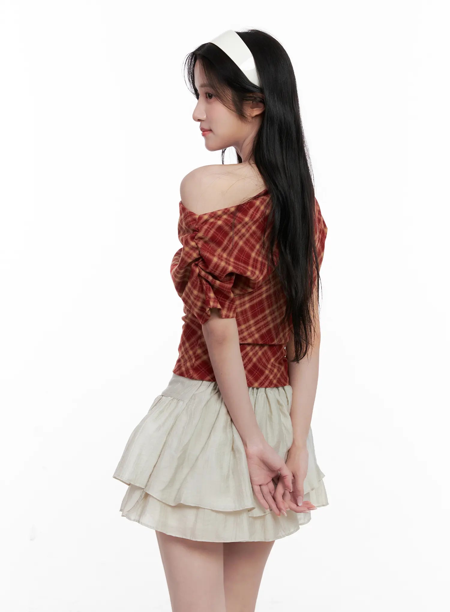 Plaid Asymmetric Ruched Off-Shoulder Top CL516