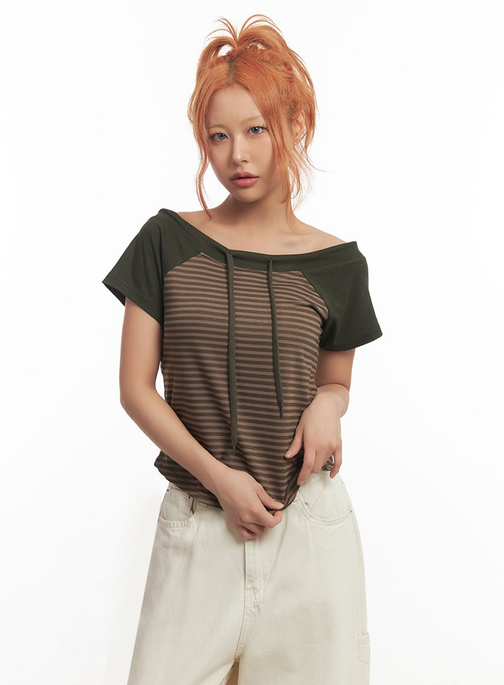 Stripe Off-Shoulder Hooded Top IA517