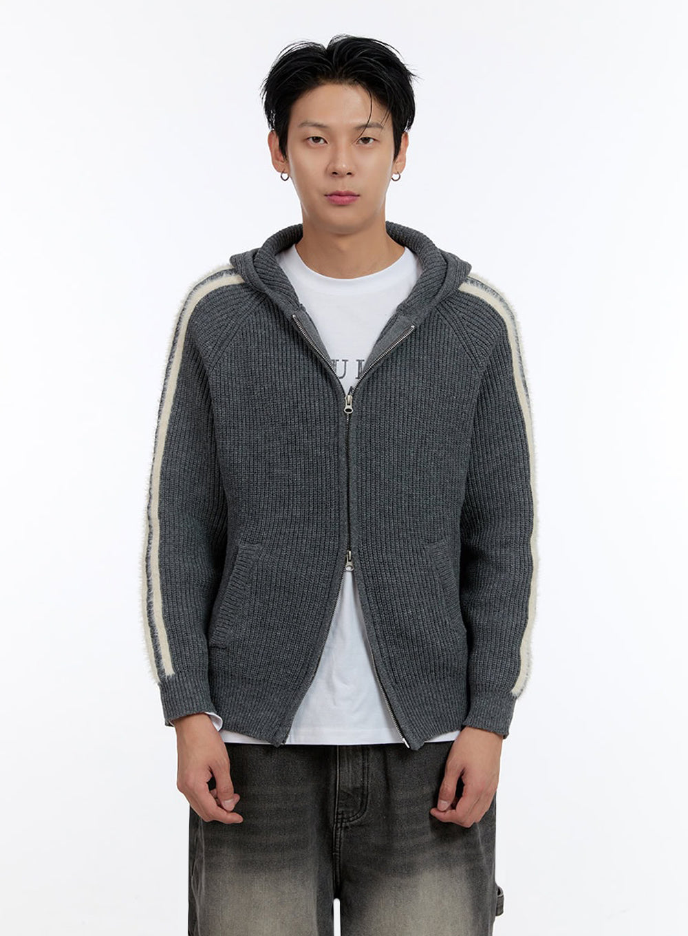 Men's Striped Double Zipper Knit Hoodie IO428