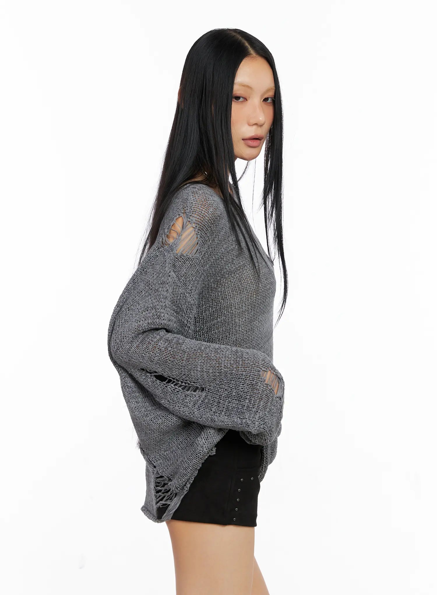 Loose Fit Distressed Knit Sweater CS511