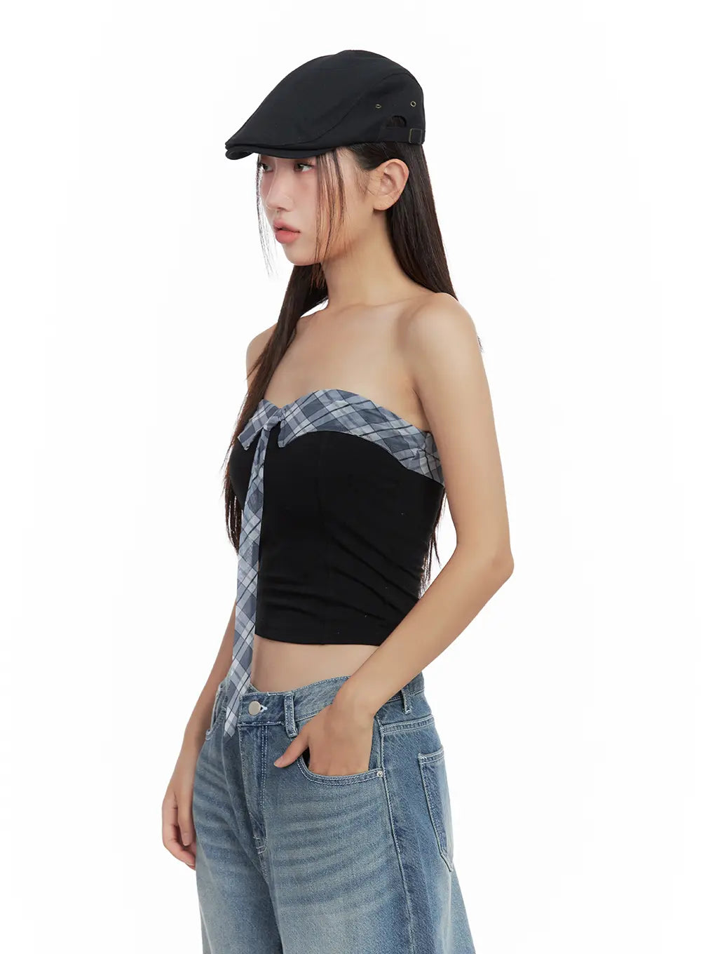 Contrast Plaid-Tie Tube Top CL508