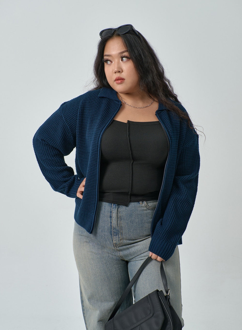 Plus Waffle Pattern Collared Two Way Zip-Up Knit