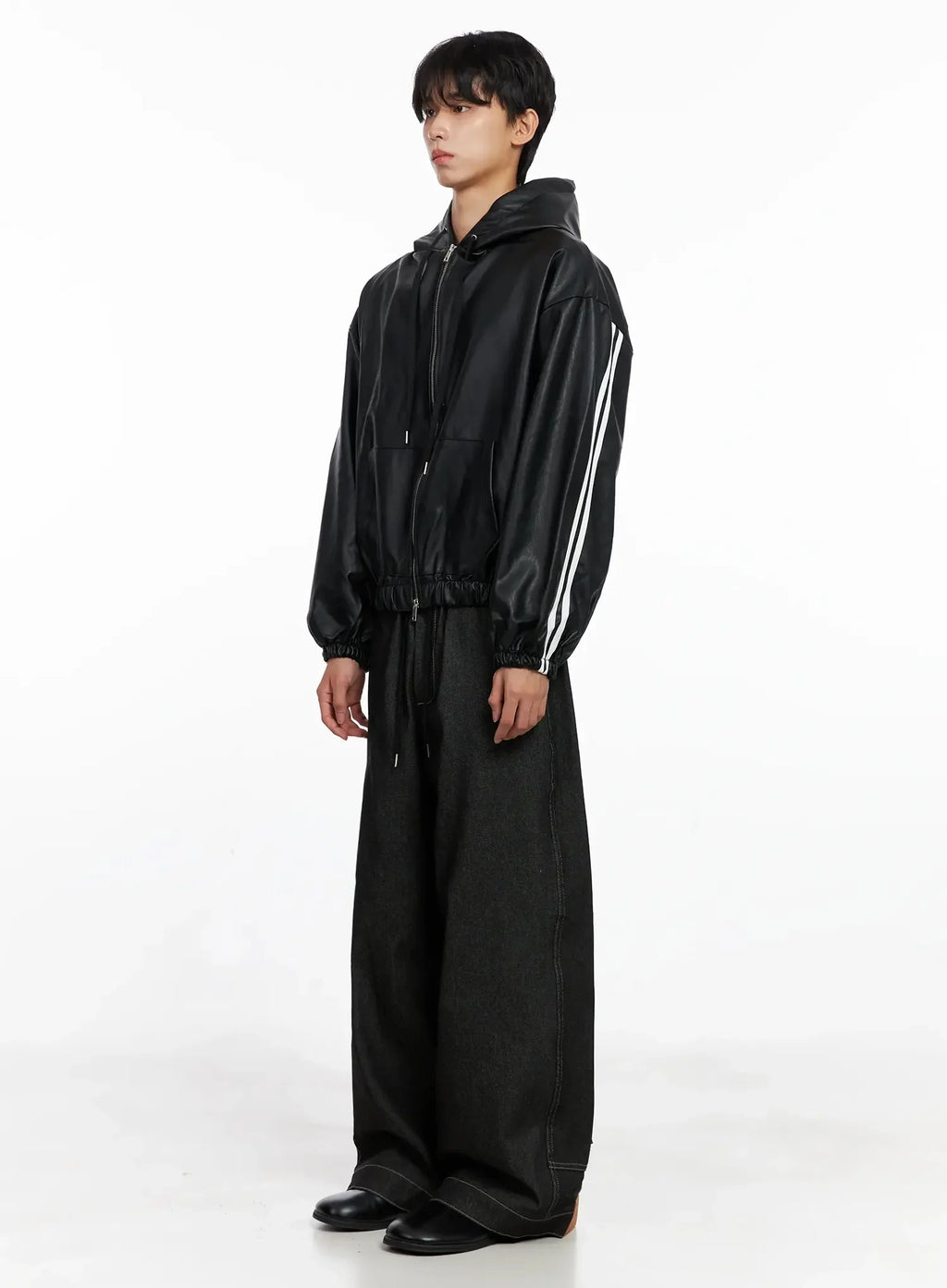 Men's Faux Leather Track Hooded Jacket IO517