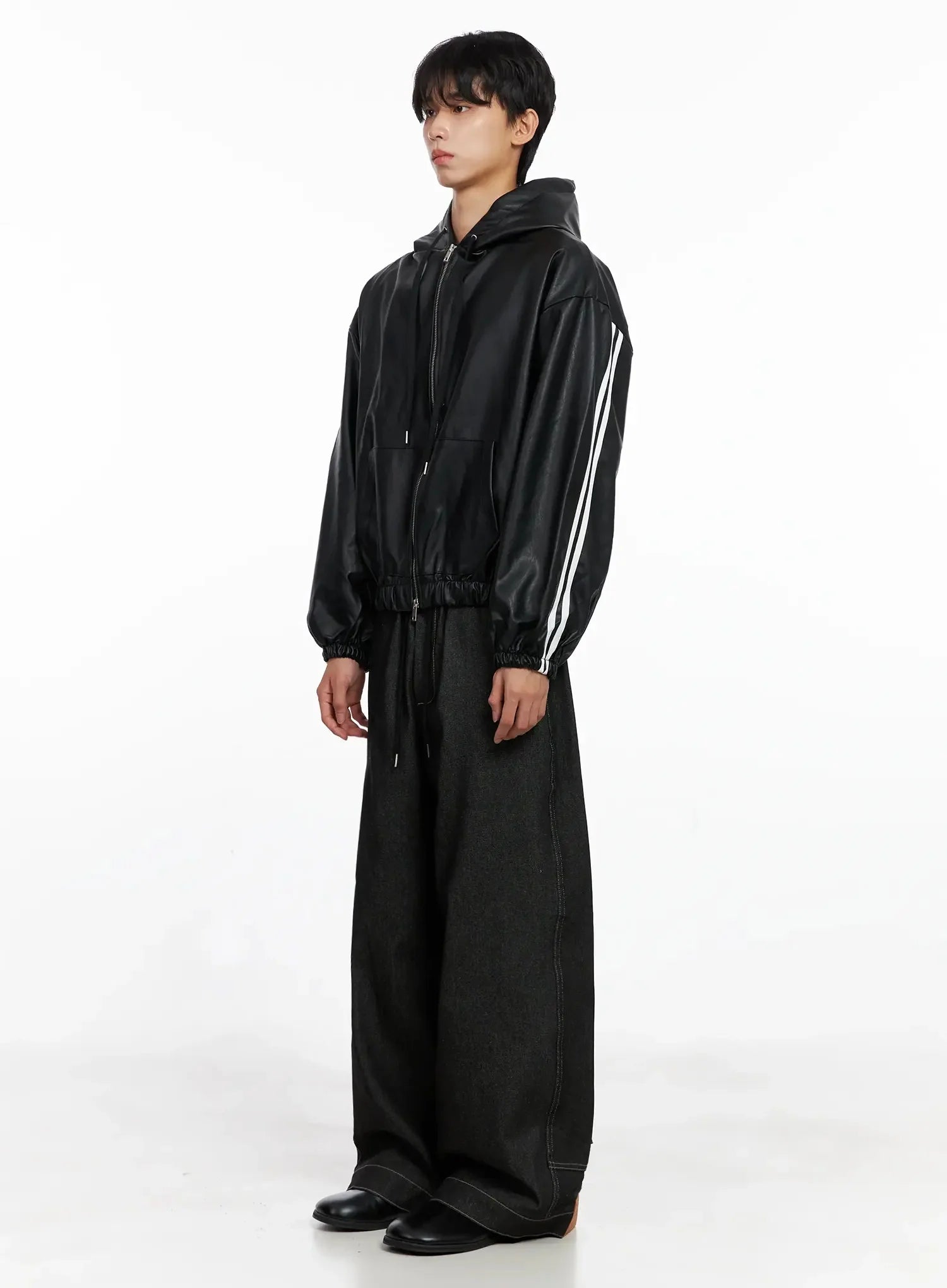 Men's Faux Leather Track Hooded Jacket IO517