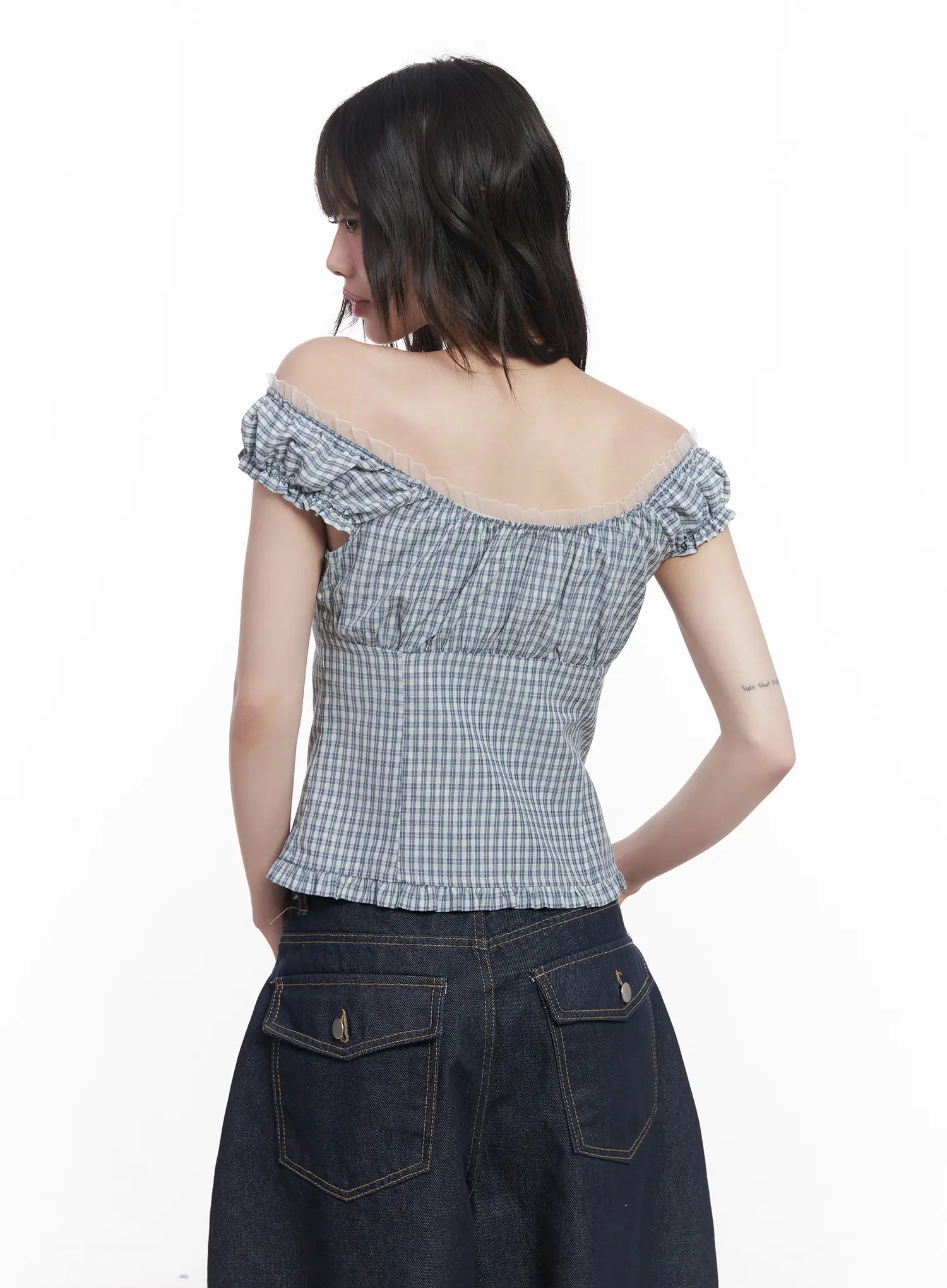 Plaid Frill Off-Shoulder Top CU519
