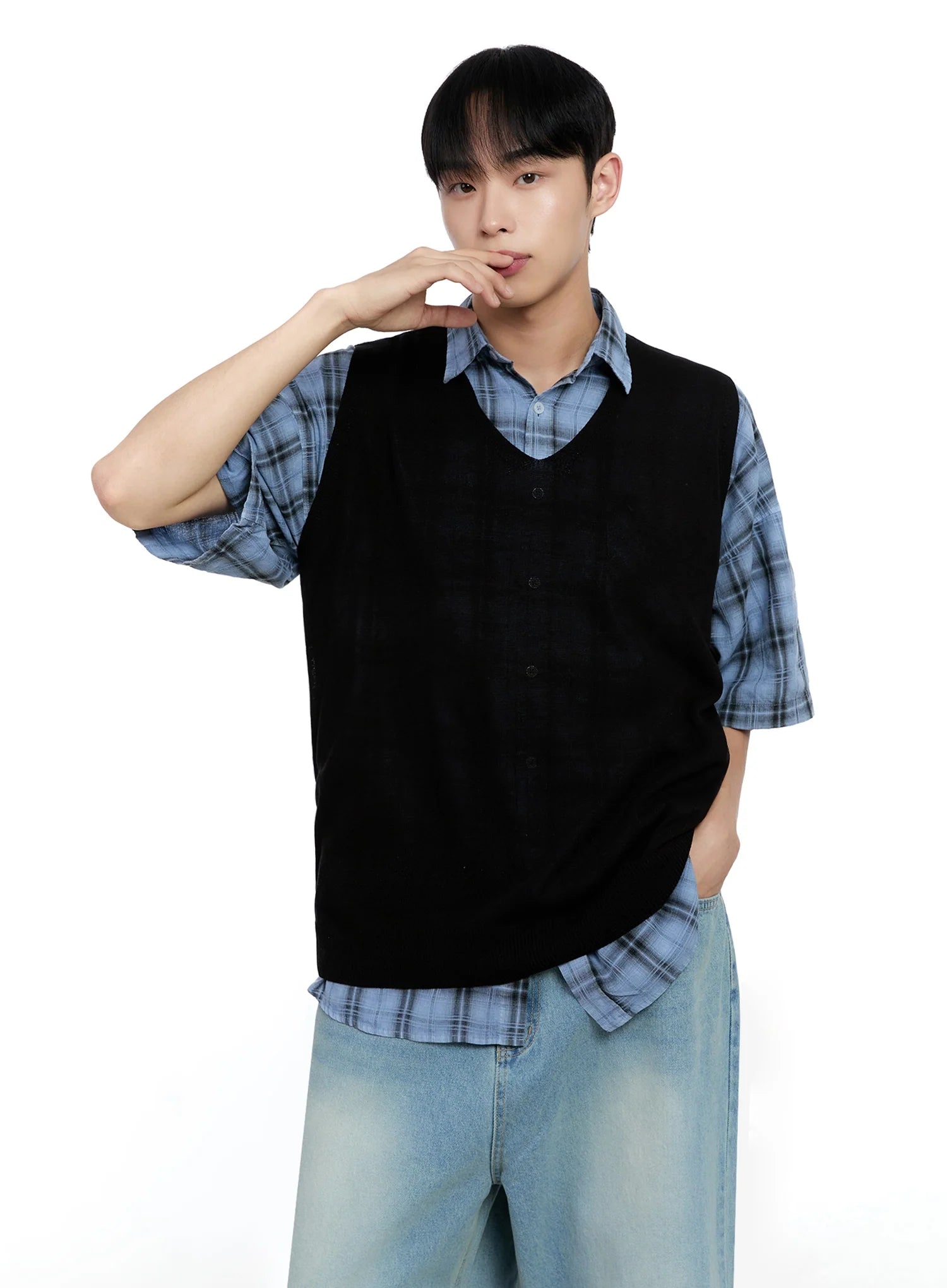 Men's Linen V-Neck Knit Vest IG520