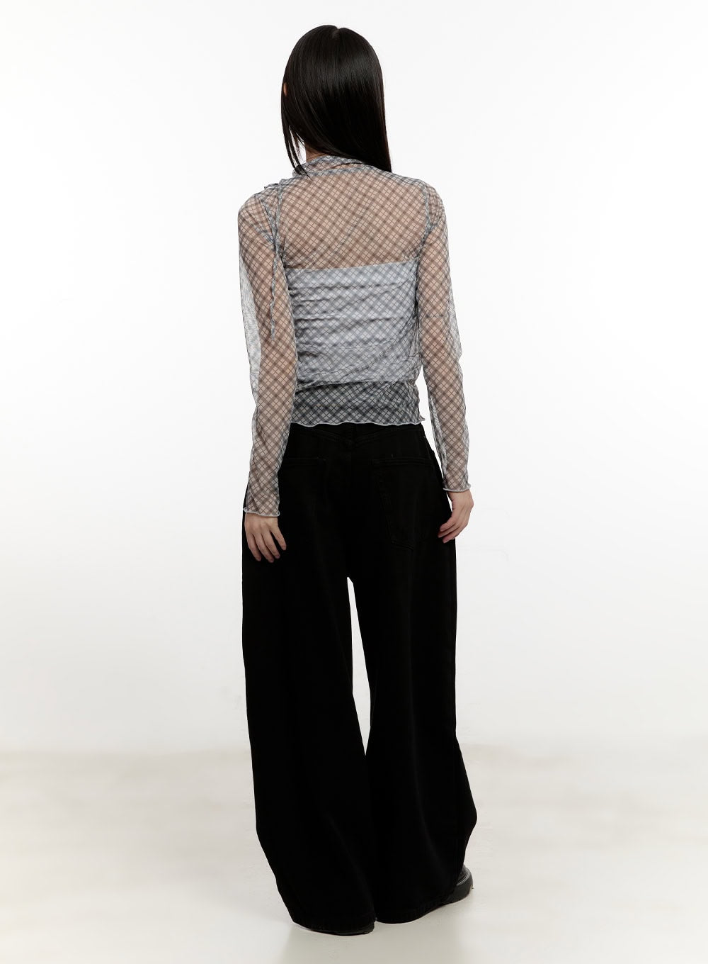 Slim-Fit Plaid Print Sheer Top CM514