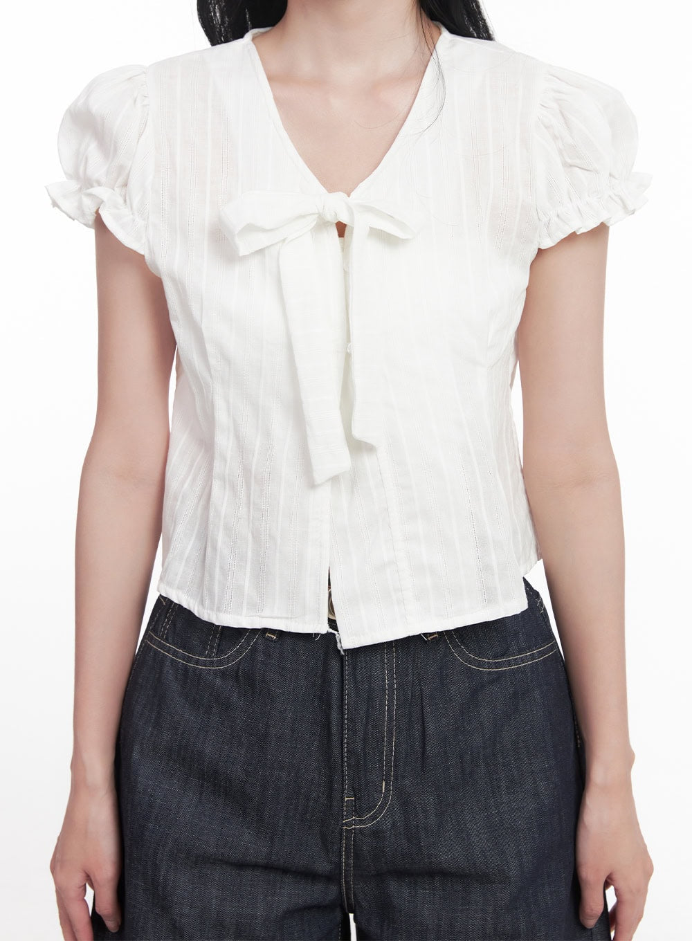 Tie Puff-Sleeve Crop Blouse Top CY526