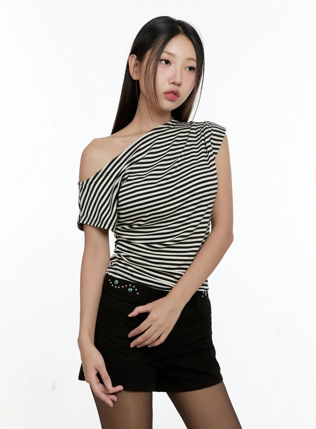 Striped Asymmetric Off-Shoulder Tee CG501