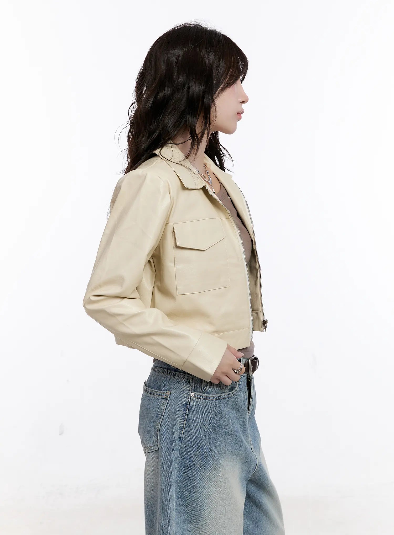 Faux Leather Cropped Zip-Up Jacket CS530