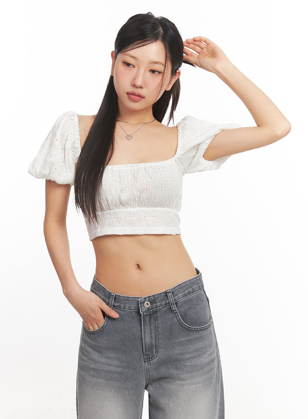 Puff-Sleeve Square Neck Crop Top IA525