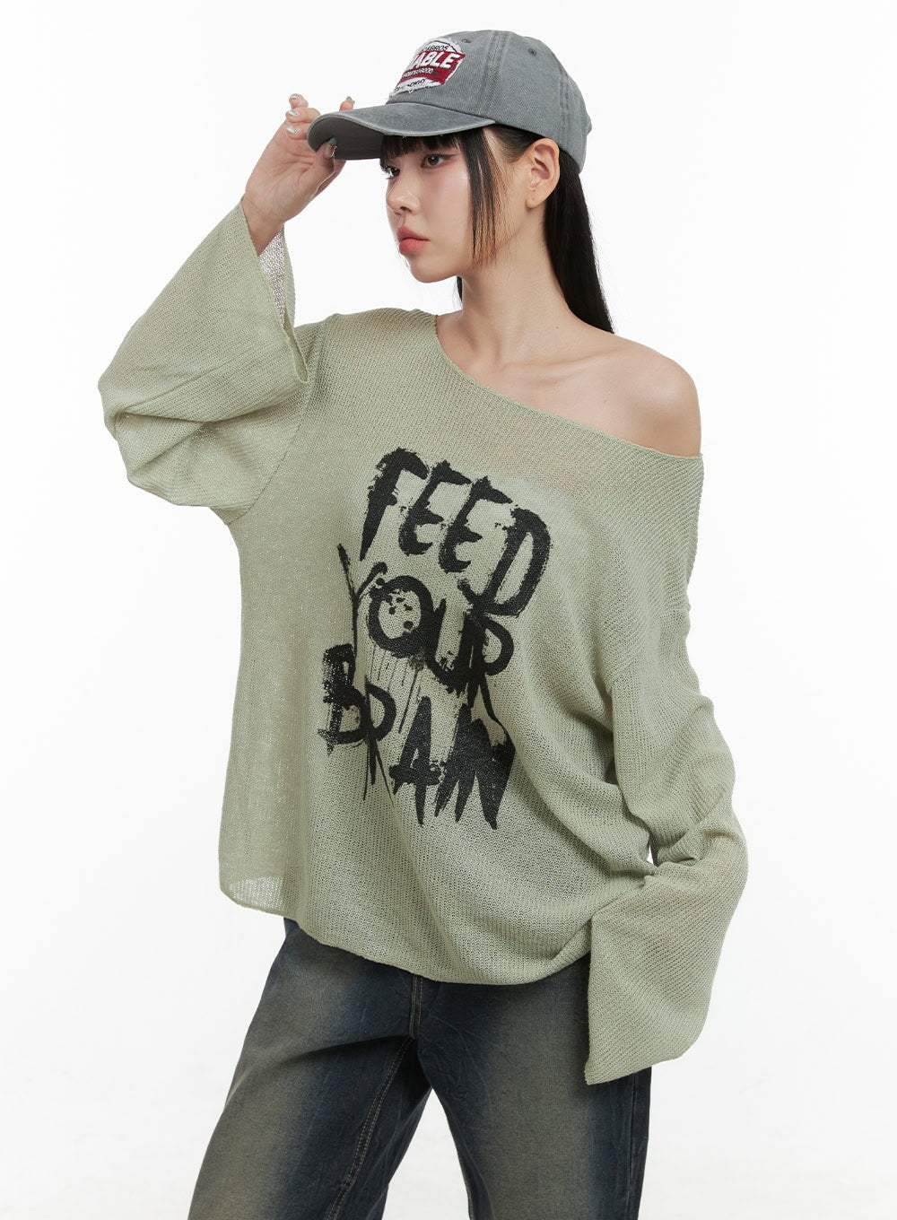 Lettered Boat Neck Off-Shoulder Knit OS410