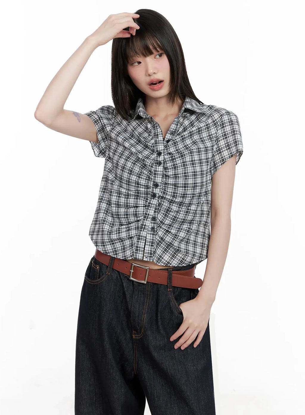 Shirred Plaid Button-up Blouse IL531