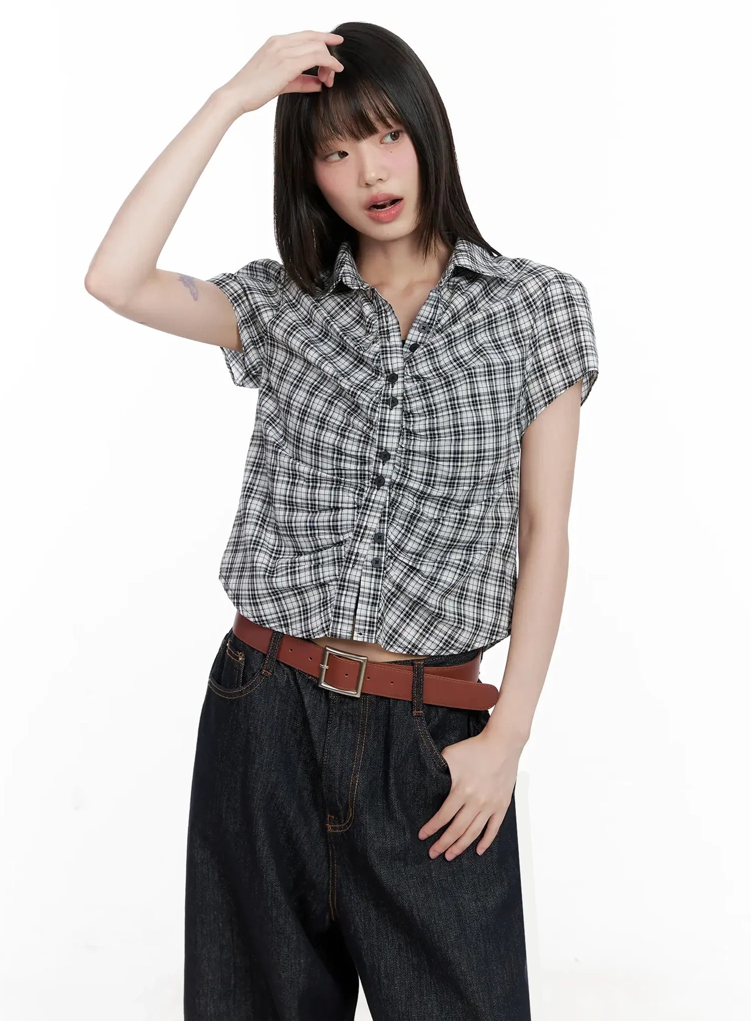 Shirred Plaid Button-up Blouse IL531