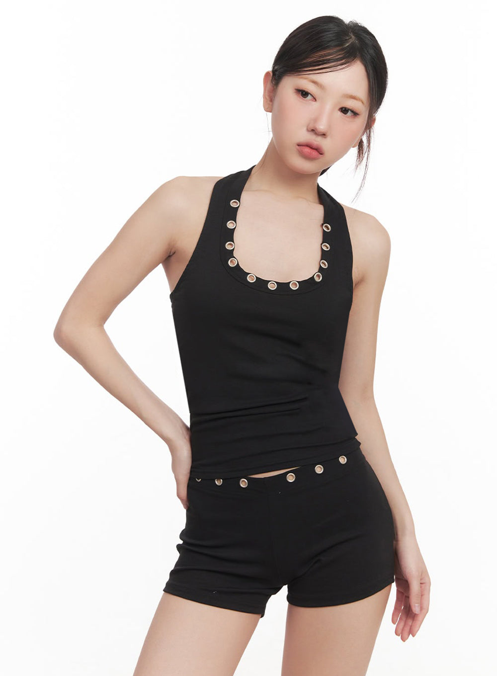 Eyelet Halter-Neck Tank Top IM528