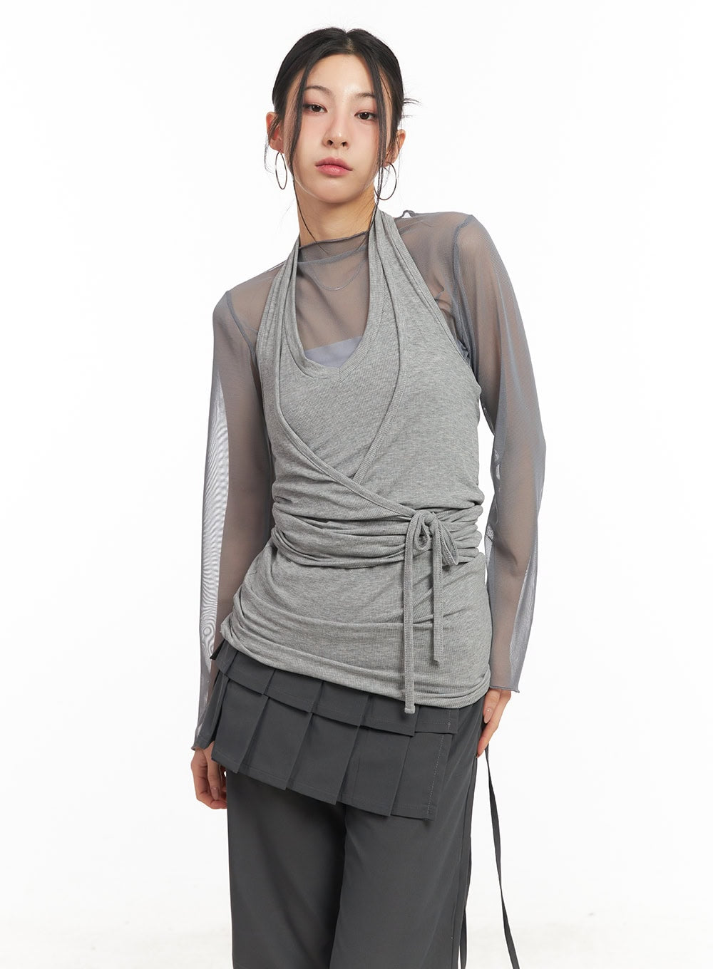 Sheer Shirring Ribbon Long-Sleeve Top CM503