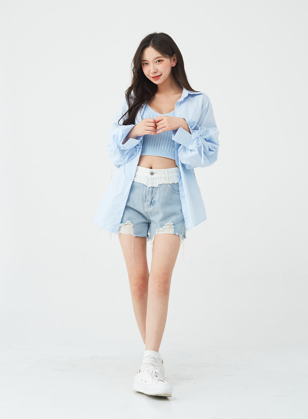 Two-Tone Distressed Denim Shorts BG12