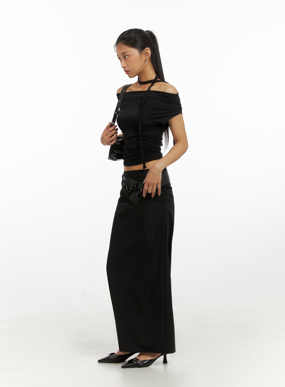 Shirred Solid Maxi Skirt IU412