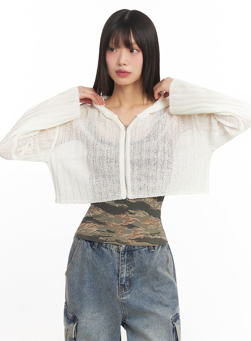 Zip-Up Sheer Hooded Cardigan IA528