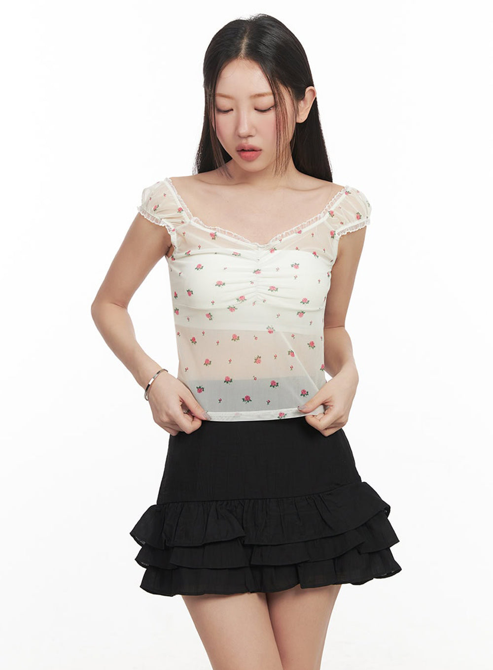 Sheer Floral Lace Shirred Top IM525