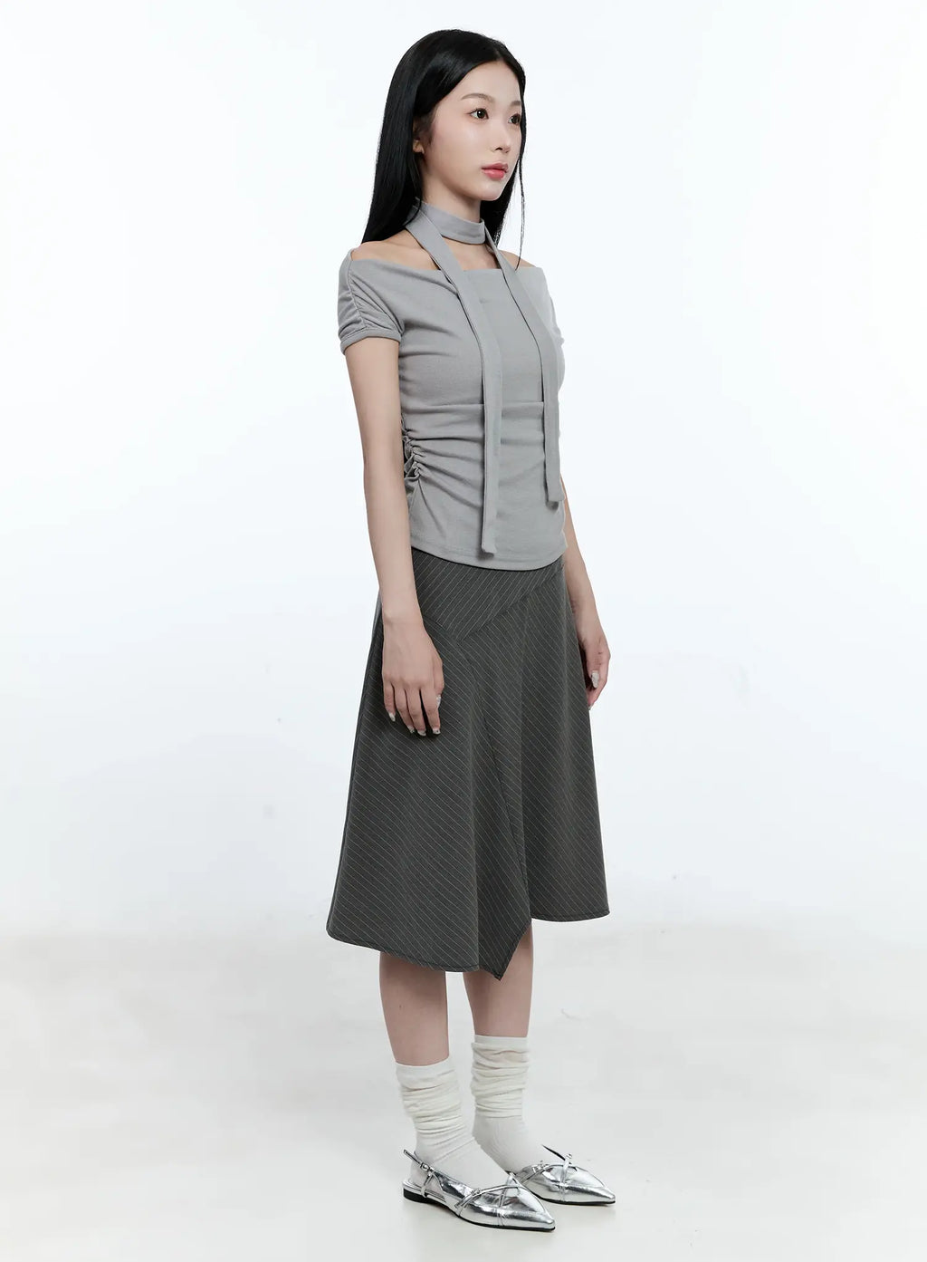 Asymmetric Pinstripe Midi Skirt CG511