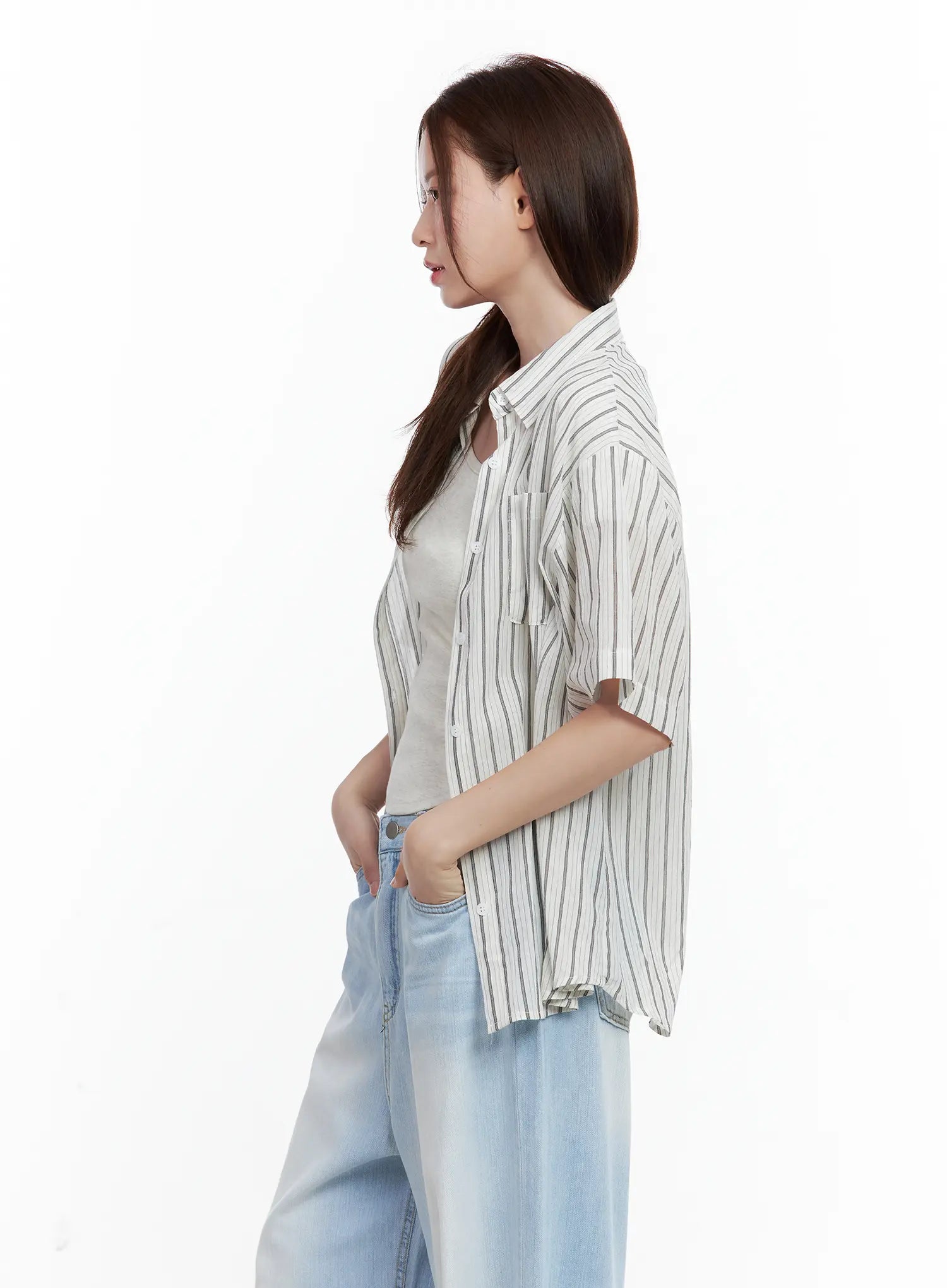 Casual Striped Short-Sleeve Button-Up Shirt CL502